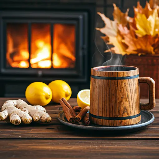 A warm mug of spiced apple cider garnished with a cinnamon stick and star anise evoking cozy autumn vibes