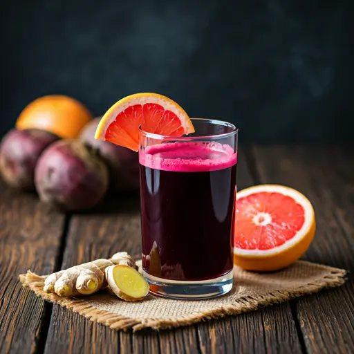 A deep red beetroot drink in a glass garnished with a slice of beetroot and a sprig of fresh mint offering a rich and earthy vitality boost Bitter Beet Vitality Elixir