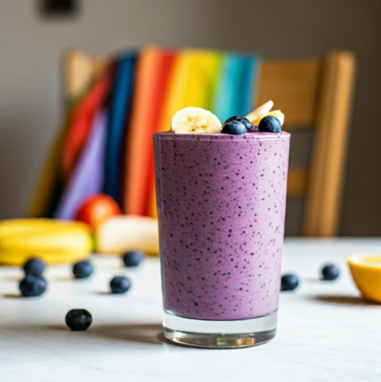 A creamy Blueberry Banana Oat Bliss Smoothie in a glass, topped with fresh blueberries and a sprinkle of oats for a wholesome, energizing drink.