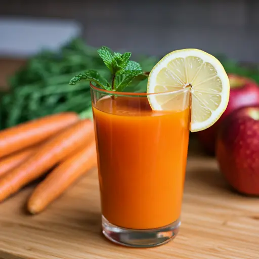 Celestial Carrot Ginger Elixir is a glowing orange carrot and ginger drink in a glass garnished with a thin slice of ginger and a twist of carrot peel radiating warmth and vitality