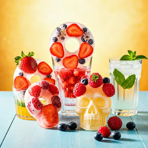 A set of Floral Fruit Ice Rings, featuring frozen slices of citrus, berries, and edible flowers encased in crystal-clear ice, perfect for elevating any summer beverage.