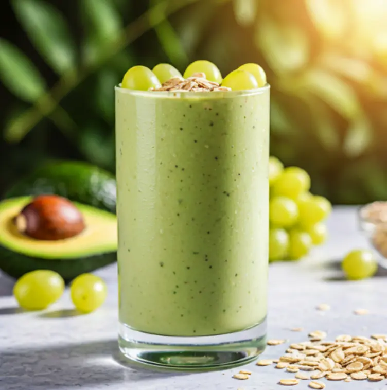 Creamy Avocado Grape Oat is a creamy avocado, grape, and oat smoothie in a glass, topped with fresh grapes and a sprinkle of oats, offering a smooth and energizing treat. Creamy Avocado Grape Oat