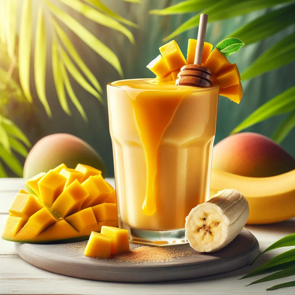 A creamy mango smoothie in a glass topped with fresh mango chunks and a sprinkle of coconut flakes exuding tropical delight