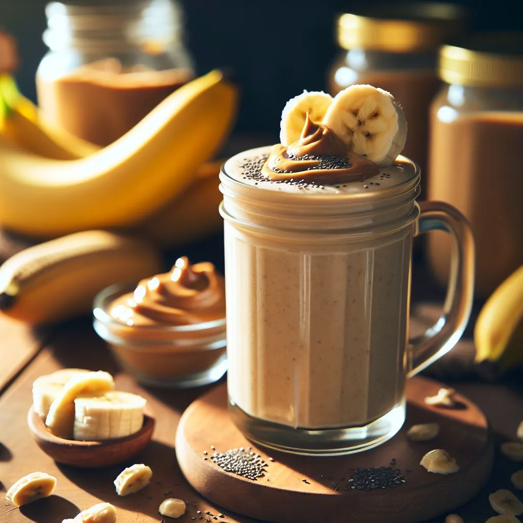 Creamy Peanut Power Smoothie is a rich peanut butter smoothie served in a glass topped with crushed peanuts and a drizzle of honey for a protein packed treat