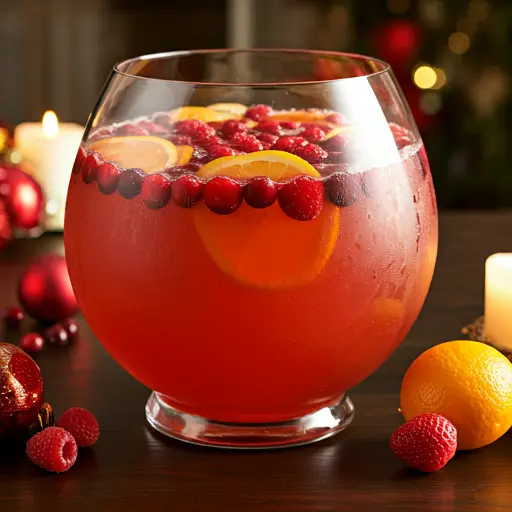 A vibrant Crimson Celebration Punch in a large glass bowl, garnished with orange slices, berries, and a sprig of mint, perfect for festive celebrations.