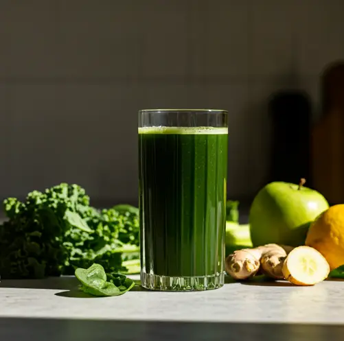 A vibrant Green Energy Elixir in a glass, garnished with a lime wedge and a sprinkle of chia seeds, radiating health and vitality.