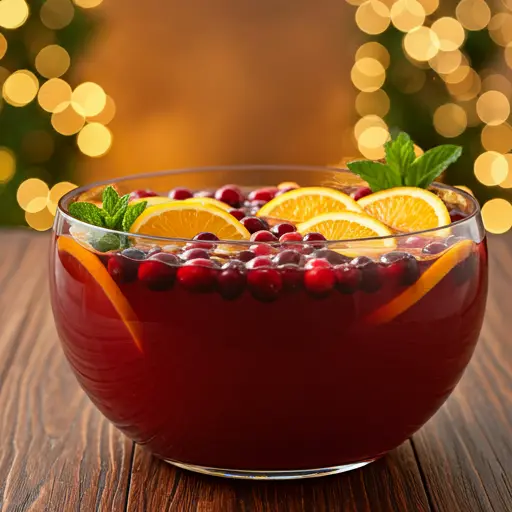 A festive berry and citrus punch in a glass bowl, garnished with fresh berries, orange slices, and mint leaves, radiating vibrant holiday cheer. Jolly Berry Citrus Punch