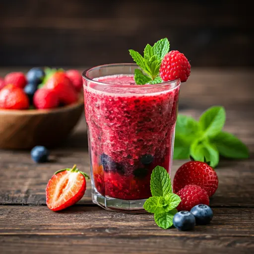 A refreshing berry drink in a glass topped with fresh mint leaves and assorted berries exuding a vibrant and cooling appeal Minted Berry Bliss