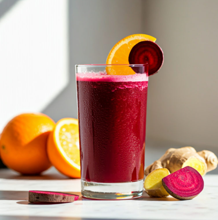 A vibrant Radiant Beet Orange Revitalizer juice in a glass garnished with orange slices and beetroot leaves offering a fresh and energizing appeal Radiant Beet Orange Revitalizer