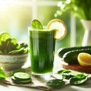 Radiant Green Detox Elixir a vibrant in a glass, garnished with a slice of lime and fresh herbs, radiating freshness and vitality.