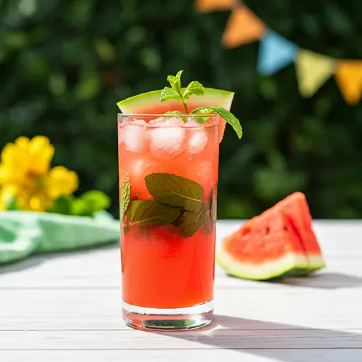 A Refreshing Watermelon Mint Cooler drink in a glass garnished with a fresh mint sprig and a slice of watermelon perfect for a summer refreshment