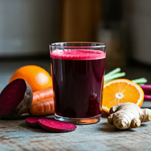 A rich, earthy elixir in a glass, featuring beetroot and carrot juice, garnished with a sprig of parsley, showcasing natural vitality and wellness, Rooted Vitality Elixir .