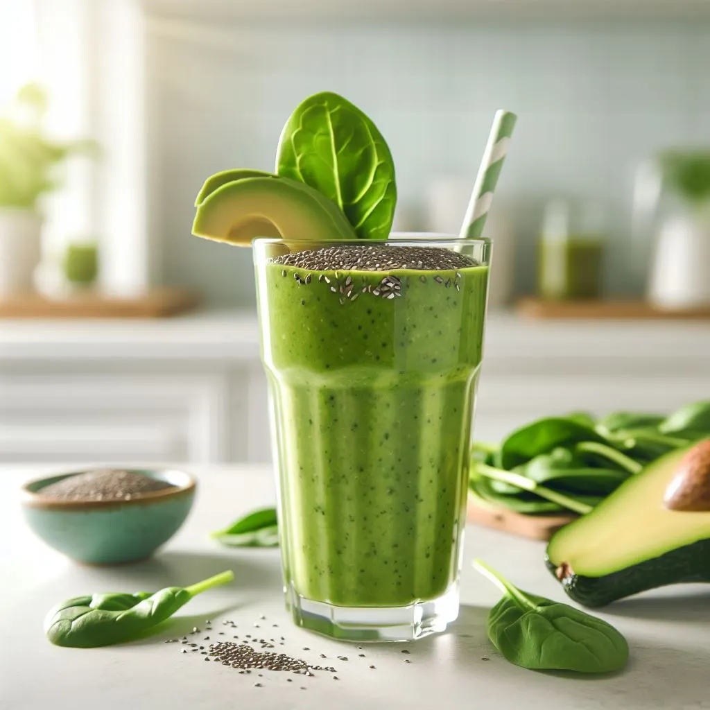 A Slim Down Super Smoothie in a glass topped with chia seeds and fresh fruit slices perfect for a healthy weight loss boost