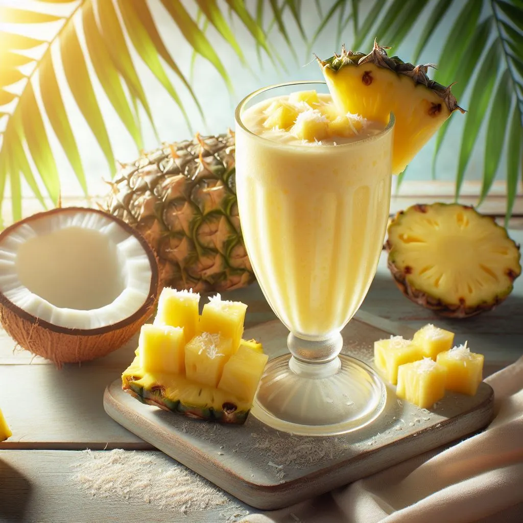 A Tropical Pineapple Breeze Smoothie in a glass, garnished with a slice of pineapple and a few mint leaves, radiating a refreshing and tropical vibe.