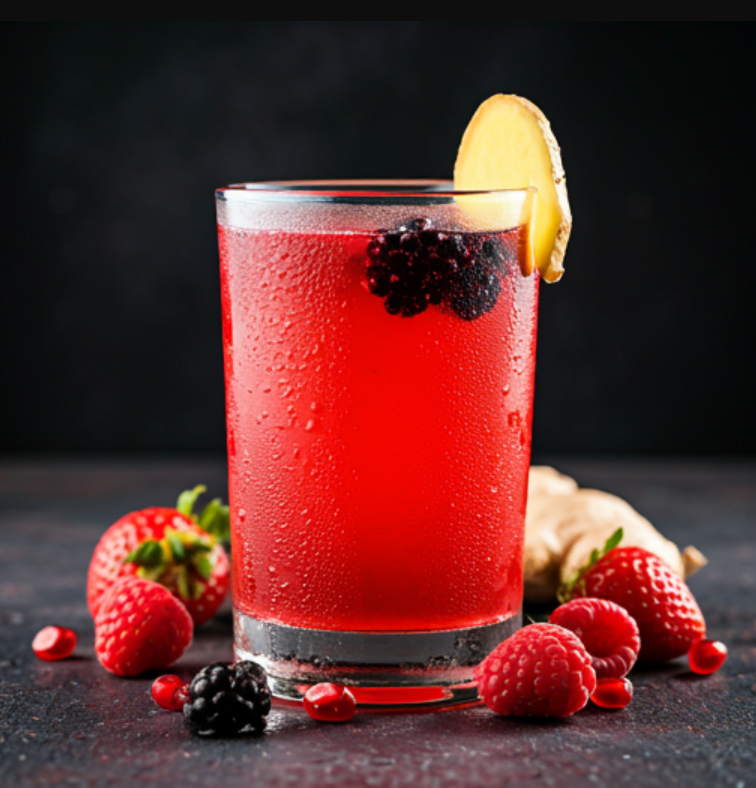 A vibrant glass of red berry and ginger juice garnished with fresh mint leaves showcasing its refreshing and energizing appeal Zesty Red Berry Ginger Power Juice