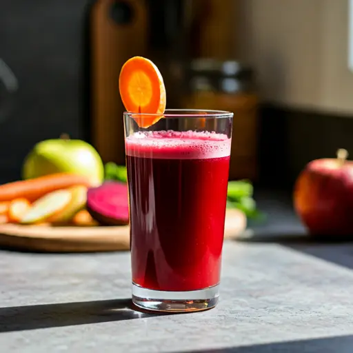 A vibrant glass of Alphabet Health Booster, featuring a rich multicolored blend, garnished with a mix of fresh fruits and a leafy green sprig.