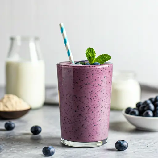 A rich purple smoothie in a glass, topped with fresh blueberries, chia seeds, and a drizzle of almond butter, exuding health and vitality. Antioxidant Packed Blueberry Bliss Protein Smoothie .