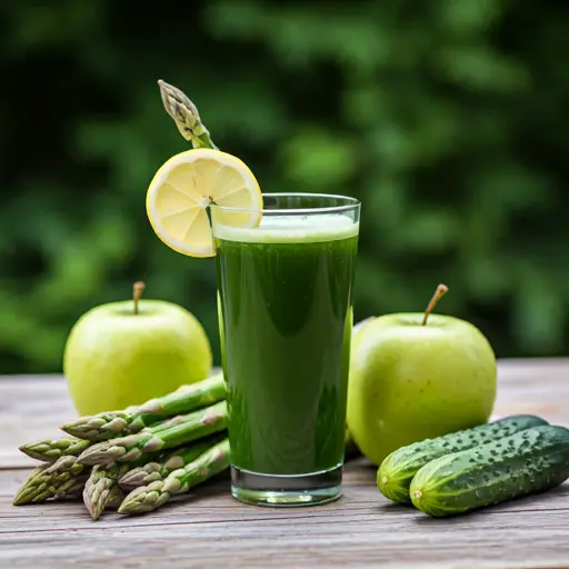 Asparagus Delight A Green Elixir A light green juice in a glass garnished with a tender asparagus spear and a slice of lime showcasing its fresh and earthy appeal