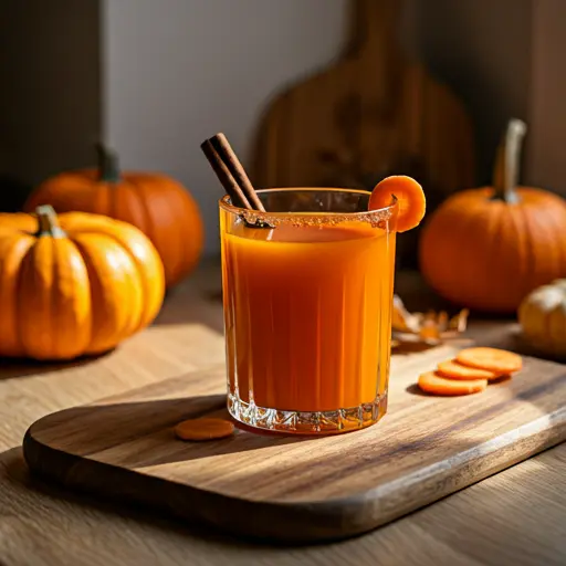 A creamy glass of Autumn Bliss Pumpkin Spice Carrot Elixir, with a warm orange hue, garnished with a cinnamon stick and a sprinkle of pumpkin spice.