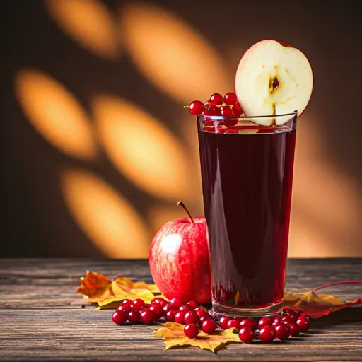 A festive glass of Autumn Cran-Apple Bliss, with a radiant crimson hue, garnished with fresh cranberries and a thin slice of apple.