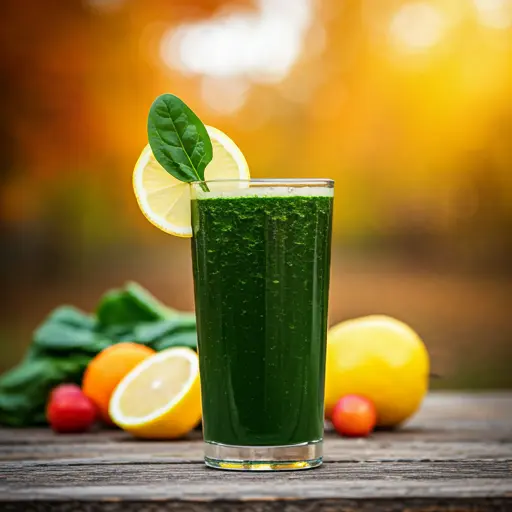 A refreshing glass of Autumn Green Delight, featuring a vibrant green hue, garnished with a thin apple slice and a sprig of parsley.