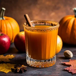 Autumn Harvest Elixir is a vibrant glass of Zesty Red Berry Ginger Power Juice, featuring a deep red hue, garnished with a slice of fresh ginger and a sprig of mint, surrounded by fresh berries.