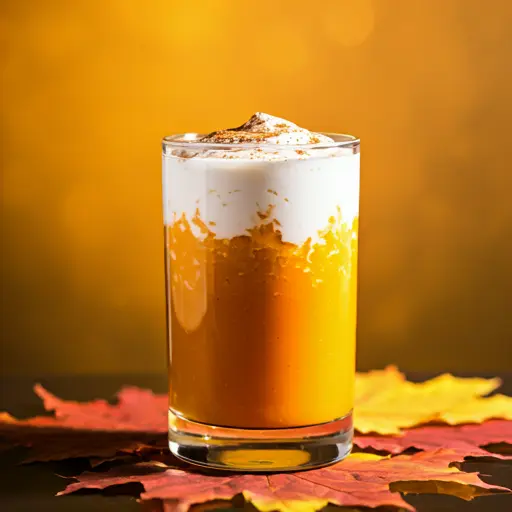 A vibrant glass of Autumn Tropics Elixir, with a warm amber-orange hue, garnished with a slice of starfruit and a sprinkle of cinnamon.