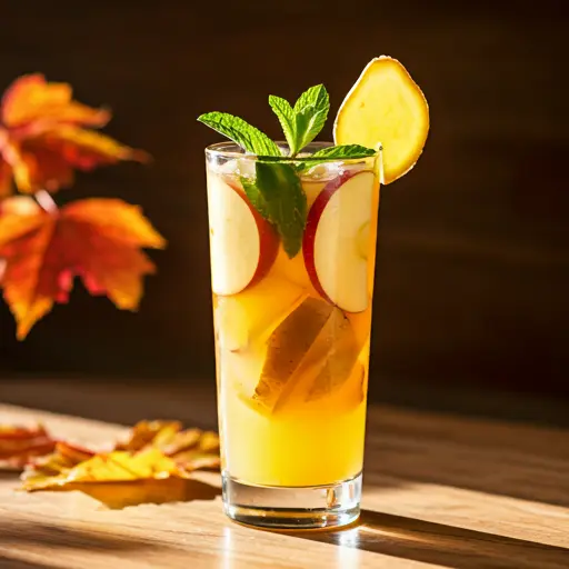 A cozy glass of Autumn's Delightful Elixir, featuring a rich amber hue, garnished with a cinnamon stick, a dried orange slice, and a sprinkle of nutmeg.