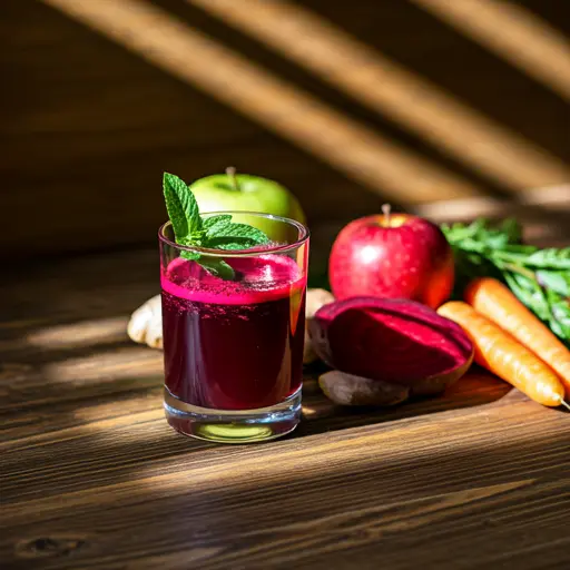 A vibrant glass of Beet & Bliss Juice, featuring a deep magenta hue, garnished with a slice of lemon and a sprig of parsley.