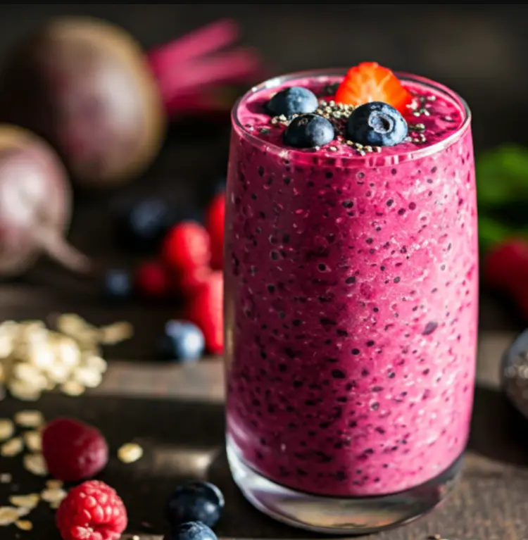 A vibrant magenta smoothie in a glass, garnished with fresh berries and a thin slice of beetroot, radiating detoxifying energy and freshness. Beetroot Berry Detox Smoothie .