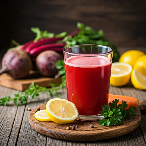 Beetroot Bliss & Carrot Elixir A rich red-orange juice in a glass, garnished with a carrot stick and a slice of beet, exuding vibrant and earthy freshness.