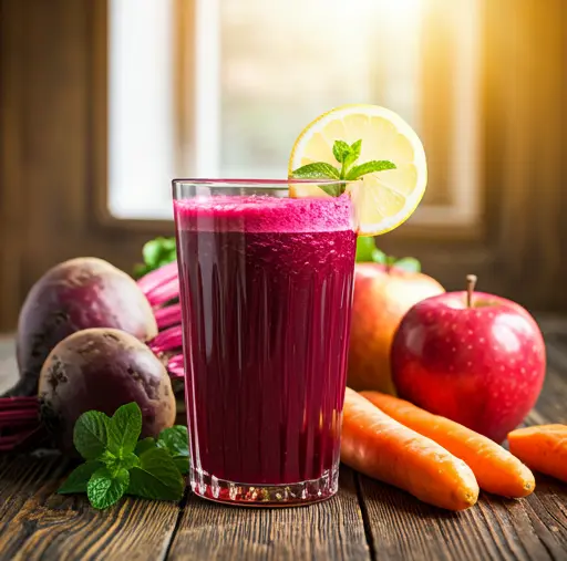 A luminous glass of Beetroot Bliss Elixir, with a rich crimson hue, garnished with a swirl of yogurt and a sprinkle of chia seeds.