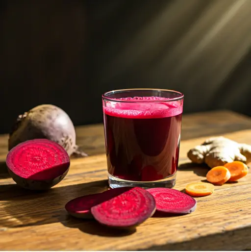 A vibrant glass of Beetroot Bliss Energizing Elixir, featuring a deep ruby-red hue, garnished with a slice of orange and a sprig of mint.