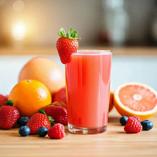 A vibrant glass of Berry Citrus Bliss, featuring a deep berry hue swirled with a touch of citrus, garnished with a slice of orange and fresh berries.