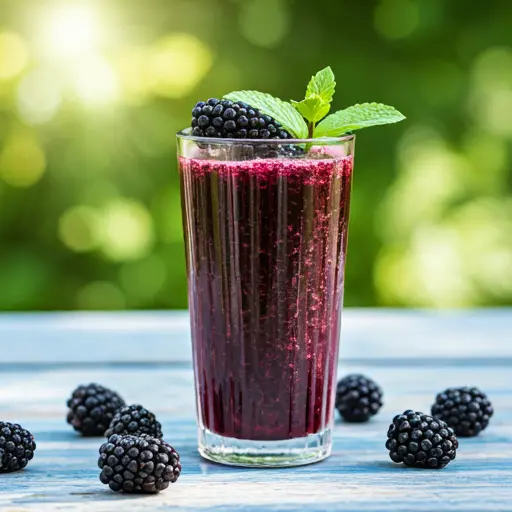 A deep purple glass of Berry Enchantment: A Blackberry Symphony, garnished with fresh blackberries and a sprig of mint.