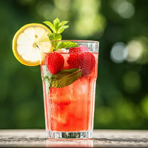 A chilled glass of Berry Fresh Mint Delight, showcasing a rich berry color, topped with fresh mint leaves, surrounded by an assortment of ripe berries.