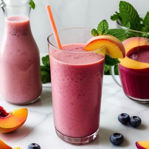 A refreshing green smoothie in a glass, garnished with fresh mint leaves and a slice of lime, radiating detoxifying and revitalizing energy. Berry Peach Sunrise Smoothie .