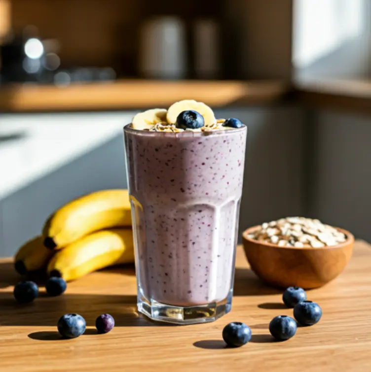 A hearty smoothie in a glass, with a vibrant purple-blue hue, garnished with fresh blueberries, banana slices, and a sprinkle of oats for added texture. Blueberry Banana Oatmeal Power Smoothie