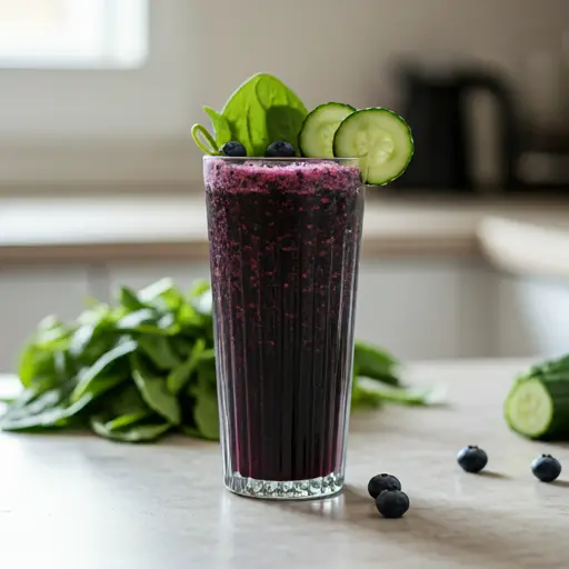 A vibrant glass of Blueberry Garden Elixir, featuring a deep purple hue, garnished with fresh blueberries and a sprig of thyme.