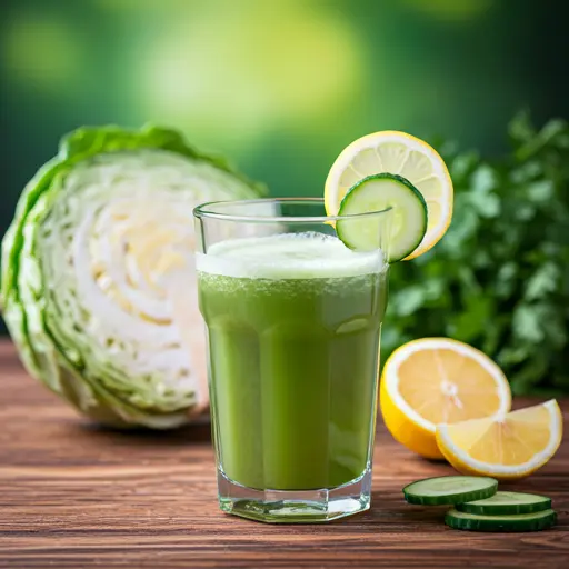 Cabbage Elixir of Wellness : A pale purple juice in a glass, garnished with a cabbage leaf and a lemon slice, showcasing a blend of freshness and earthy tones.