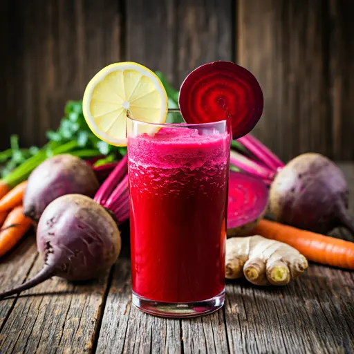 Can Not Beet It A Vibrant Root Elixir A bold red juice in a glass, garnished with a beet slice and a sprig of parsley, radiating earthy and vibrant energy.