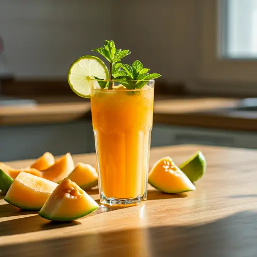 Cantaloupe Citrus Symphony : A pale orange juice in a glass, garnished with a slice of cantaloupe and an orange wedge, radiating fruity sweetness and citrusy freshness.