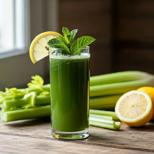 A chilled glass of Celery Refreshment Delight, with a light green hue, garnished with a celery stalk and a sprinkle of parsley.