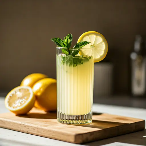 Citrus Breeze Elixir : A light orange juice in a glass, garnished with a lemon wedge and a sprig of mint, exuding refreshing and airy citrus notes.