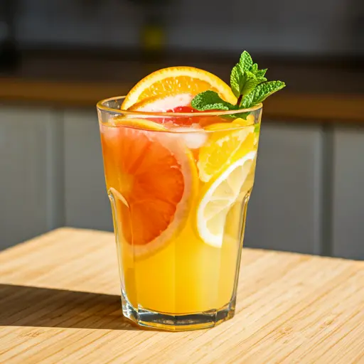 A refreshing glass of Citrus Burst Revitalizer, featuring a vibrant orange and yellow gradient, garnished with a slice of lemon and a sprig of mint.