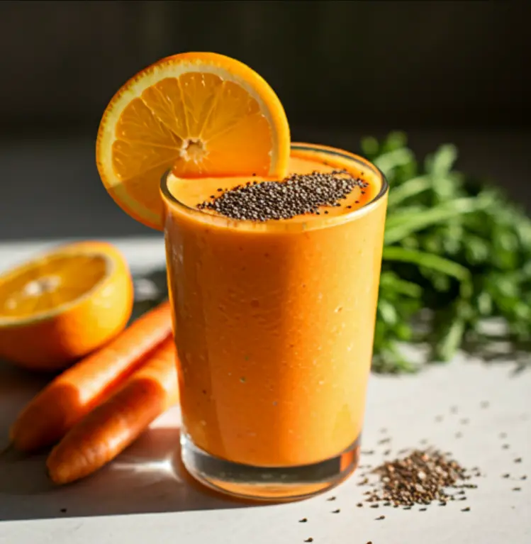 A vibrant orange smoothie in a glass, garnished with a slice of orange and a sprig of fresh mint, glowing with sunny morning energy. Citrus Carrot Sunrise Smoothie