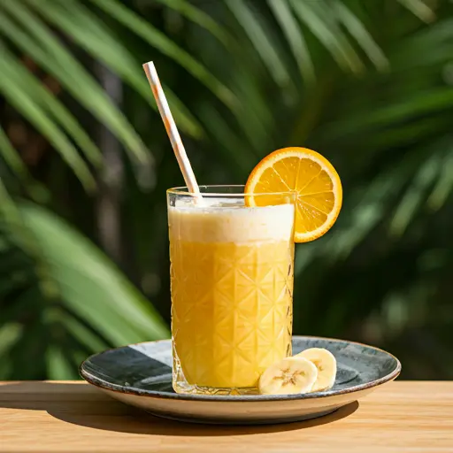 A creamy orange juice in a glass, garnished with a swirl of cream and an orange slice, exuding a dreamy and indulgent vibe. Citrus Dream Creamsicle Juice .