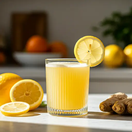 Citrus Ginger Vitality Elixir : A golden-orange juice in a glass, garnished with a slice of orange and a small ginger piece, radiating refreshing zest and warmth.