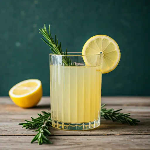 A refreshing glass of Citrus & Herb Vitality Boost, glowing with a light golden hue, garnished with a slice of lemon, orange, and a sprig of rosemary.