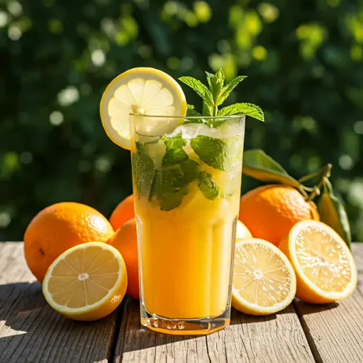 Citrus Sensation Elixir A golden orange juice in a glass garnished with a slice of lemon and an orange twist radiating vibrant citrus freshness